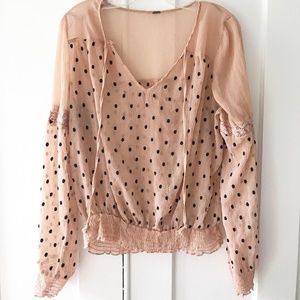 Free People Boho Sheer Pink Shirt With Black Polka